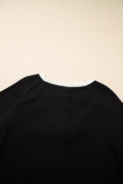 Jet Stream Contrast Ribbed Loose Fit Henley Top