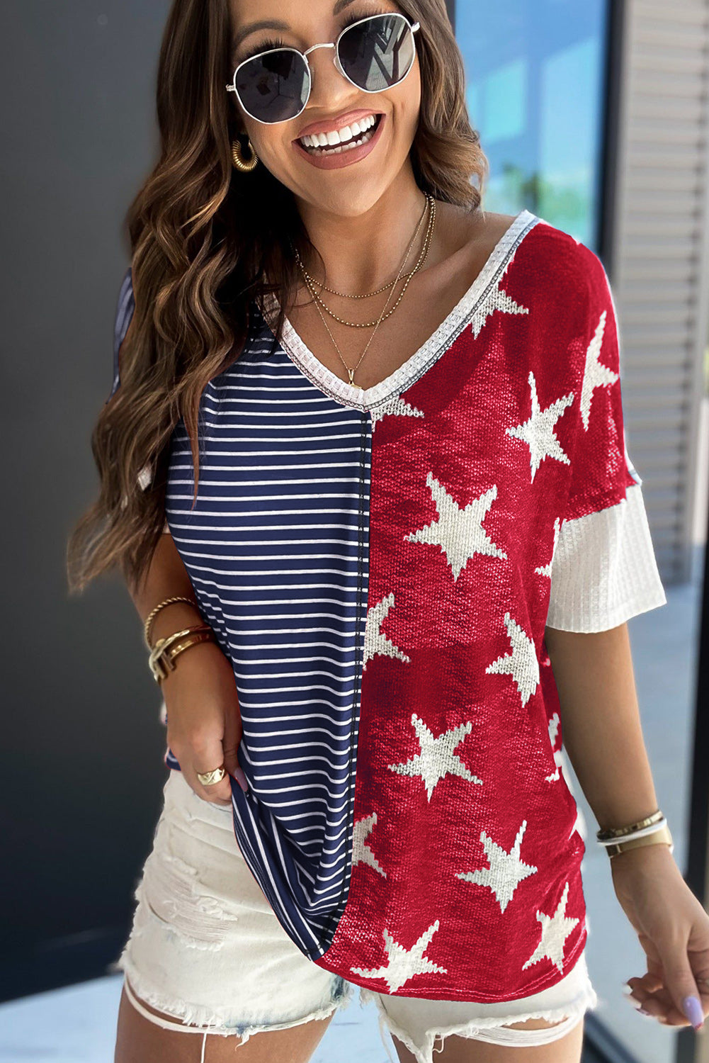 Blue Striped Stars Print V-Neck Tee