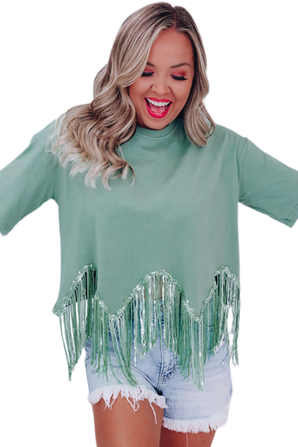 Pink Casual Fringe Sequin Hem Cropped T Shirt