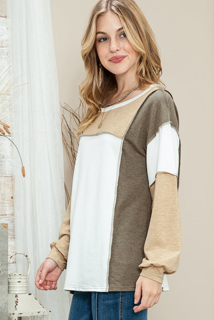 Khaki Color Block Exposed Seam Long Sleeve T Shirt