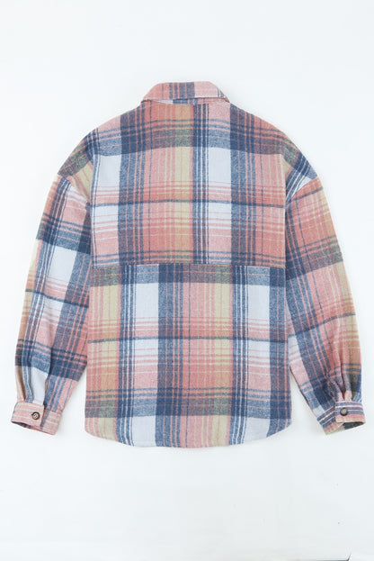 Pink and Grey Plaid Button Up Collar Flannel Shacket