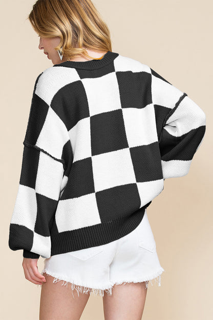 Pink Checked Bishop Sleeve Pullover Sweater