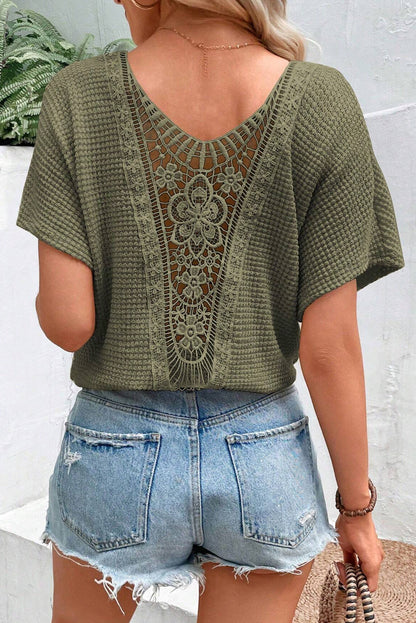 Moss Green Guipure Lace Splicing Back Waffle T Shirt