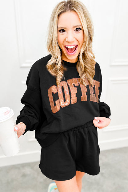 Black Sequins COFFEE Loose Fit Sweatshirt and Shorts Set