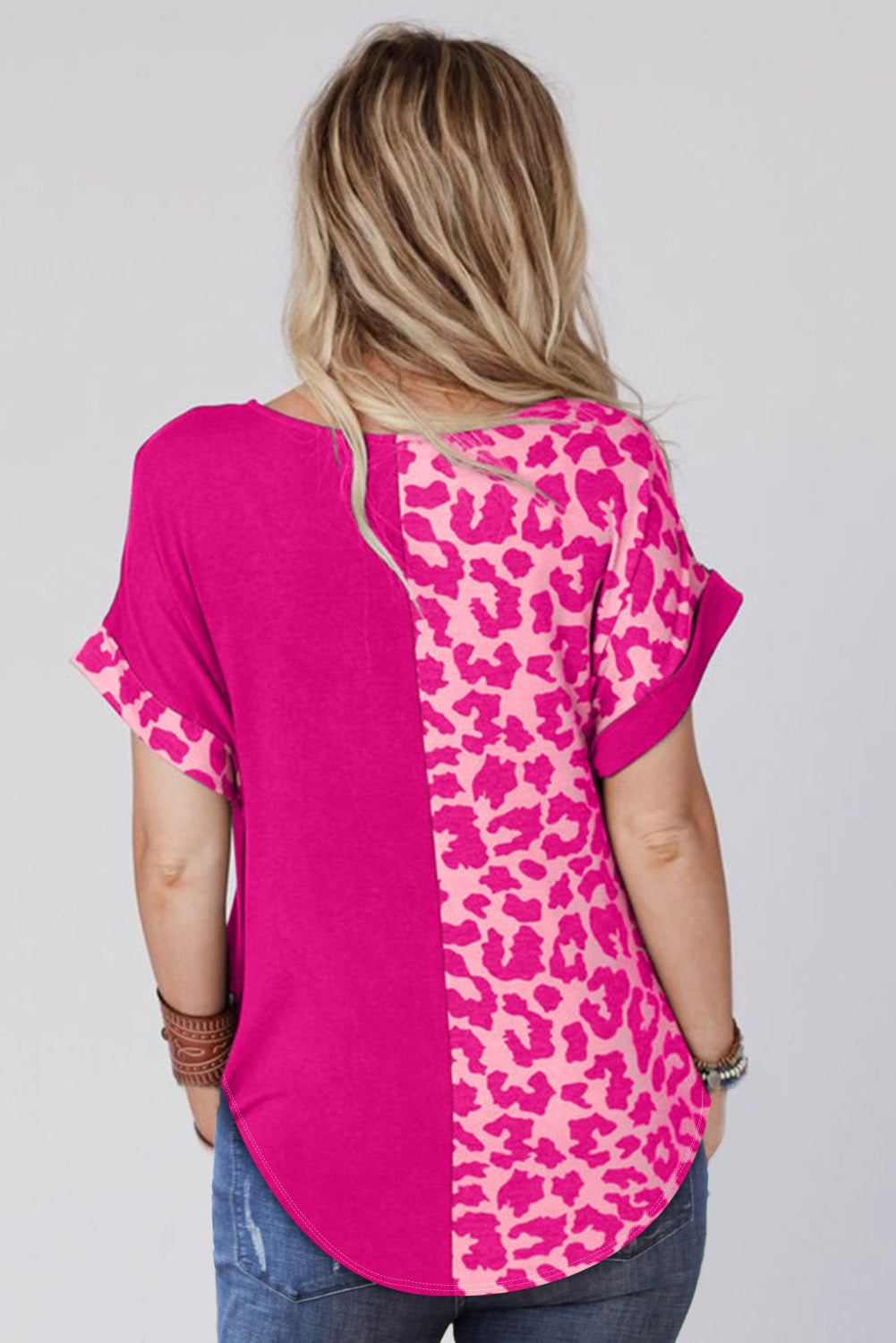Leopard Color Block Casual Tee with Rolled Sleeves