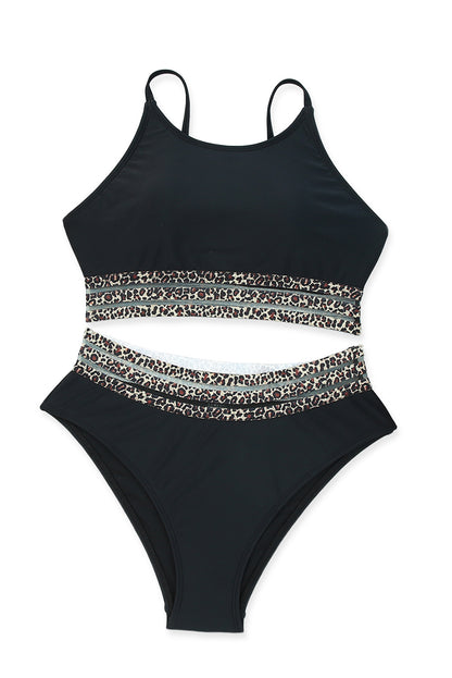 Black Leopard Print Wireless Swimsuit Set