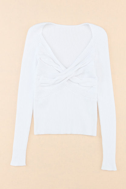 White Basic Cable Crossed V Neck Sweater