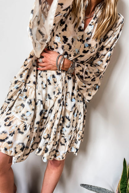 Rose Leopard Button V Neck Pocket Flowy Mini Dress