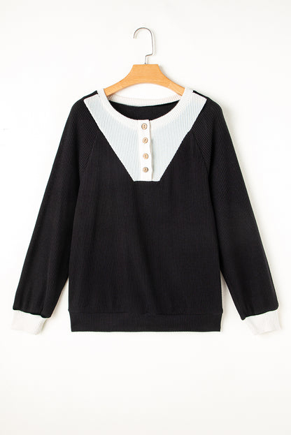 Jet Stream Contrast Ribbed Loose Fit Henley Top
