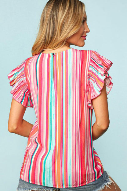 Multicolor Striped Summer Top Ruffle Sleeve Blouse for Women