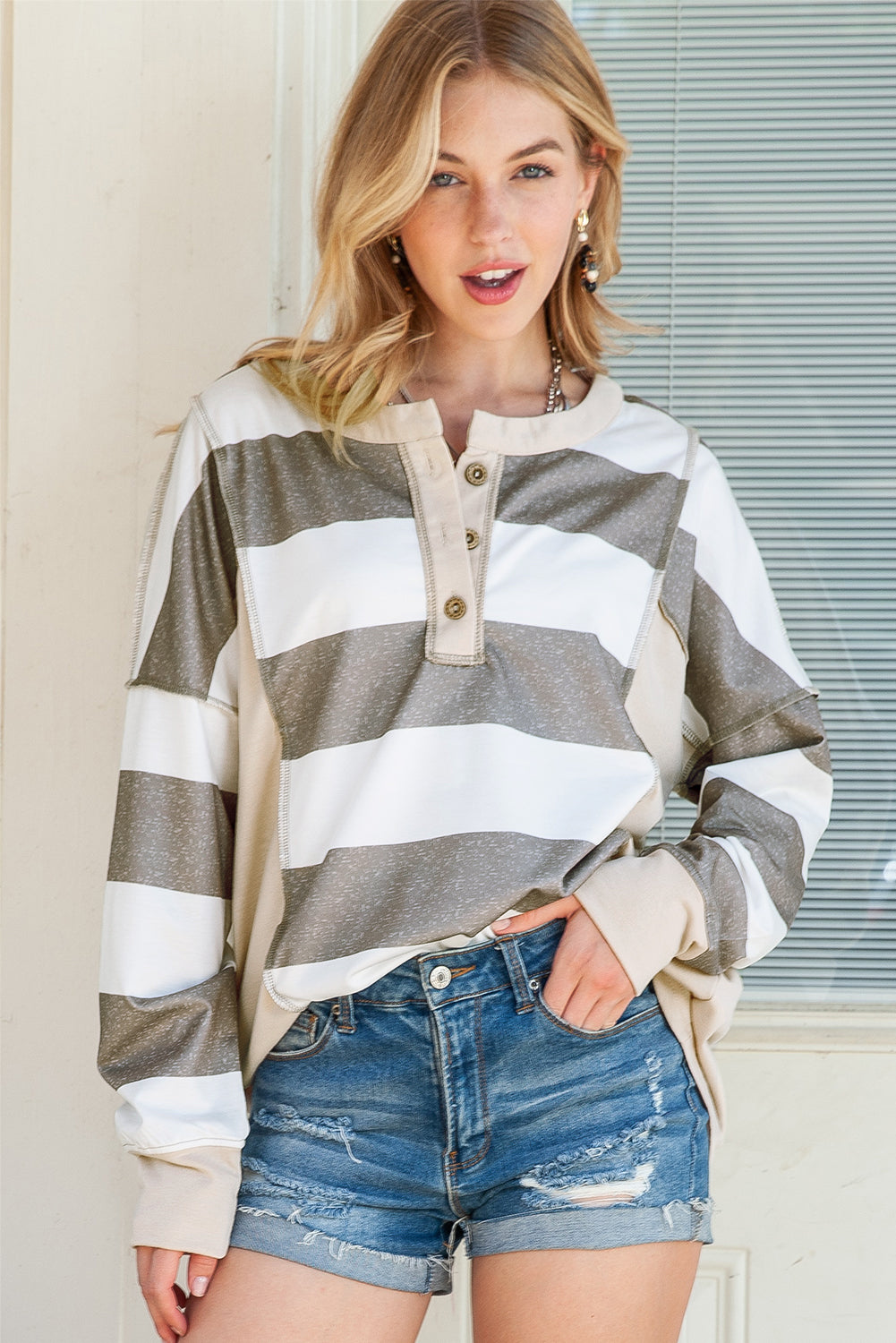 Multicolor Stripes Print Long Sleeve Henley Shirt