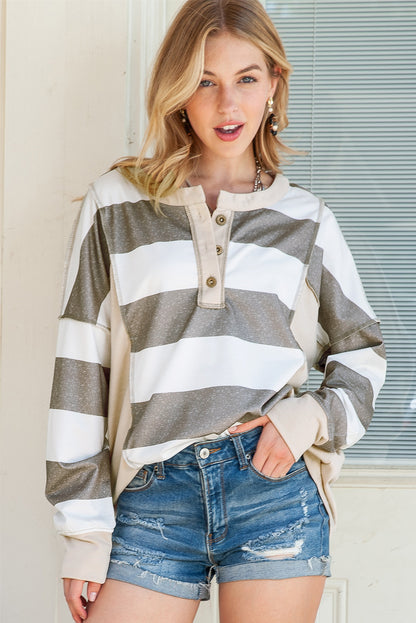 Multicolor Stripes Print Long Sleeve Henley Shirt