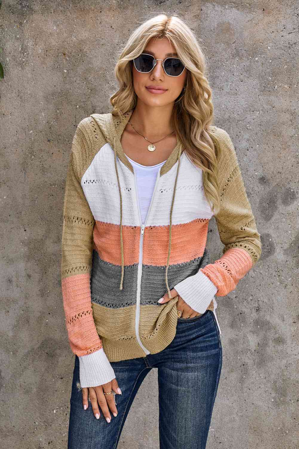 Zip Up Raglan Sleeve Openwork Hooded Cardigan