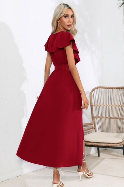 Ruffled Tied V Neck Midi Dress