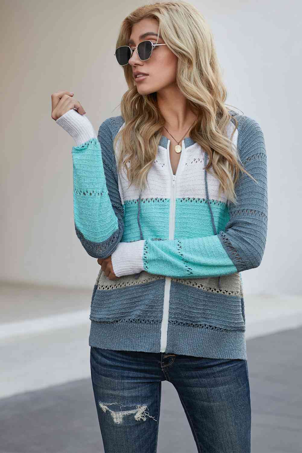 Zip Up Raglan Sleeve Openwork Hooded Cardigan