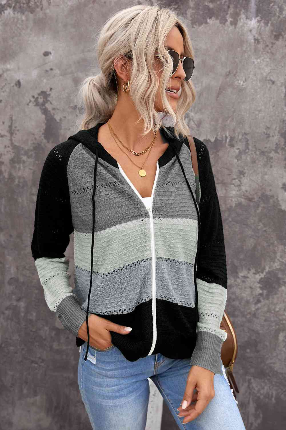 Zip Up Raglan Sleeve Openwork Hooded Cardigan