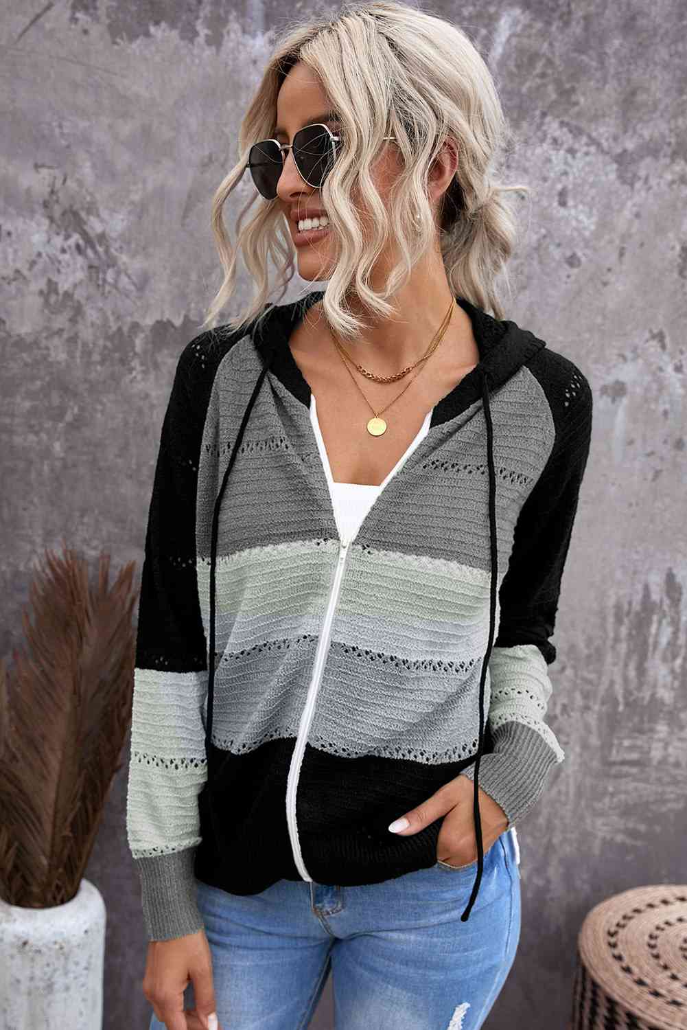Zip Up Raglan Sleeve Openwork Hooded Cardigan