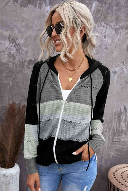 Zip Up Raglan Sleeve Openwork Hooded Cardigan