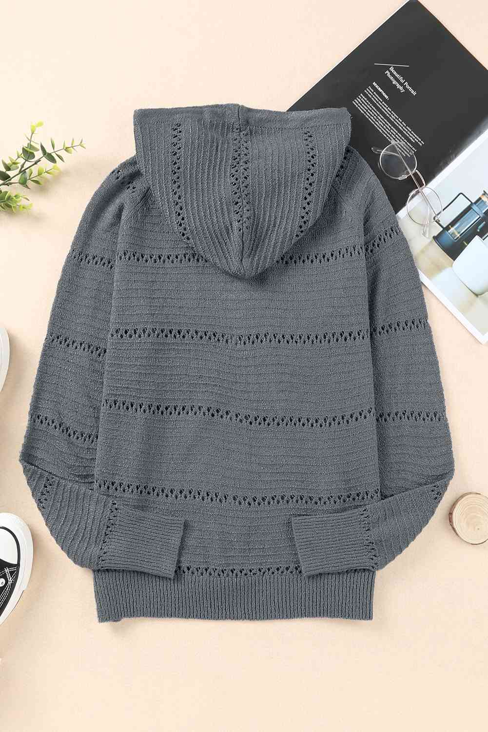 Zip Up Raglan Sleeve Openwork Hooded Cardigan