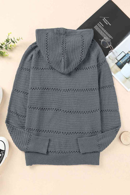 Zip Up Raglan Sleeve Openwork Hooded Cardigan