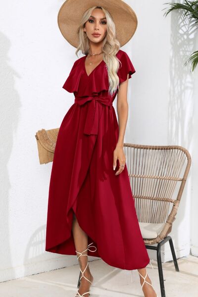 Ruffled Tied V Neck Midi Dress