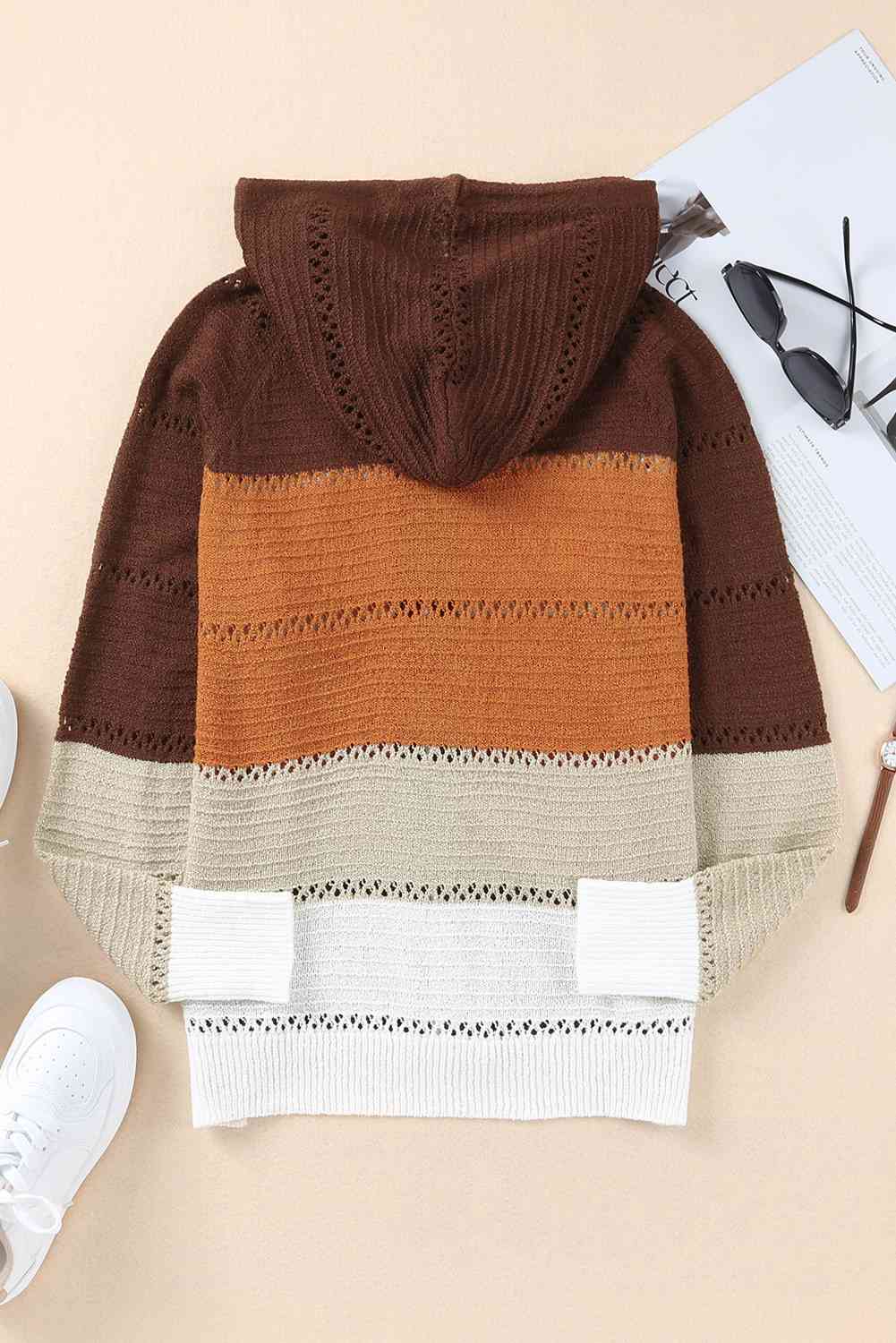 Zip Up Raglan Sleeve Openwork Hooded Cardigan