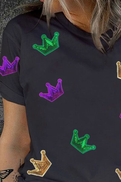 Plus Size Sequin Crown Print Round Neck T Shirt