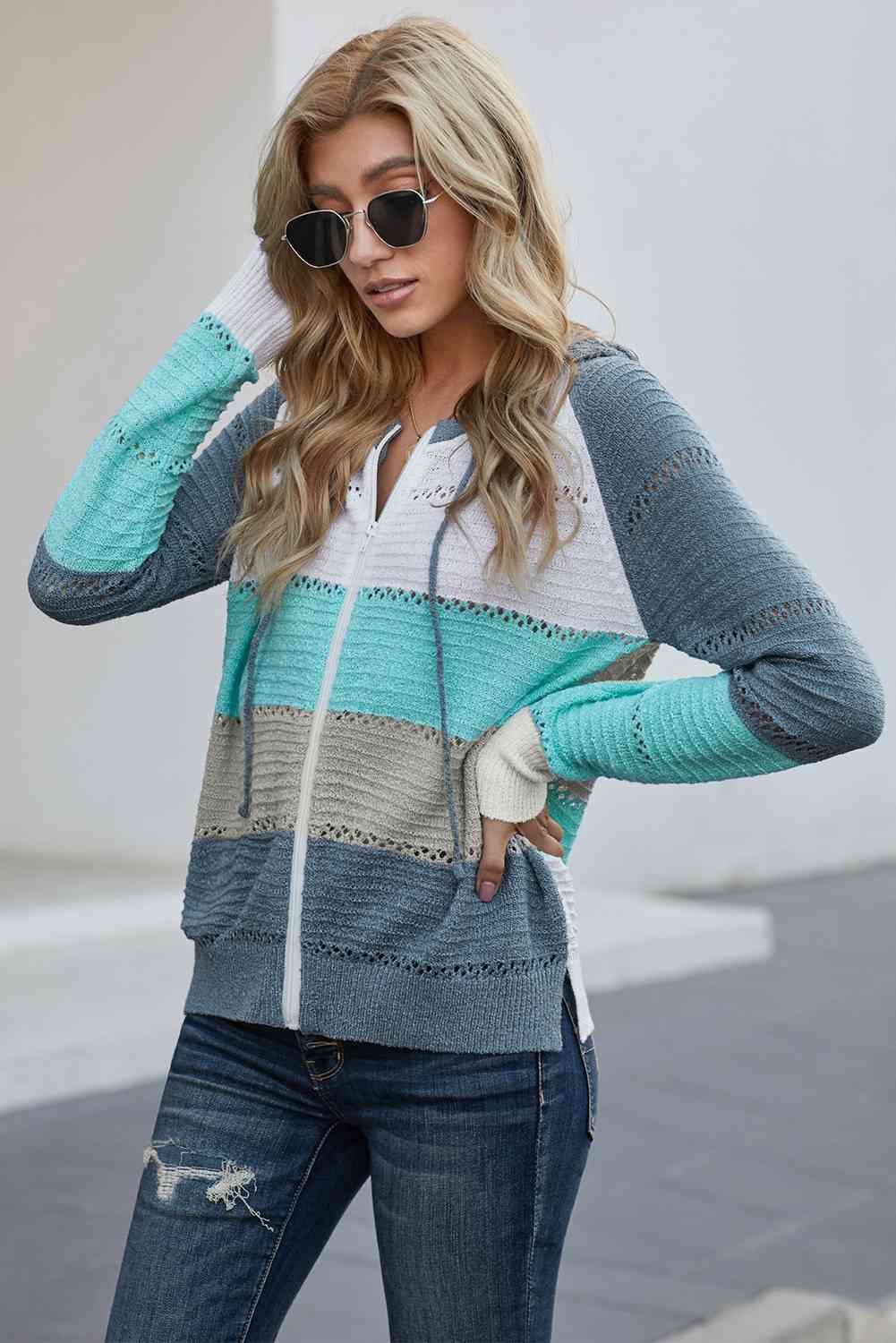 Zip Up Raglan Sleeve Openwork Hooded Cardigan