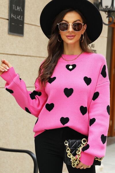 Heart Pattern Lantern Sleeve Round Neck Tunic Sweater