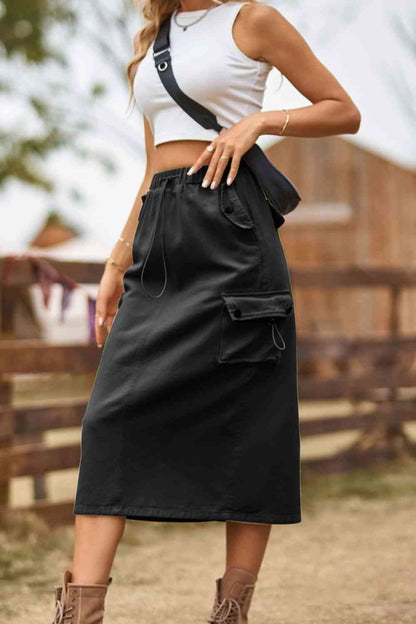 Drawstring Waist Slit Midi Denim Skirt