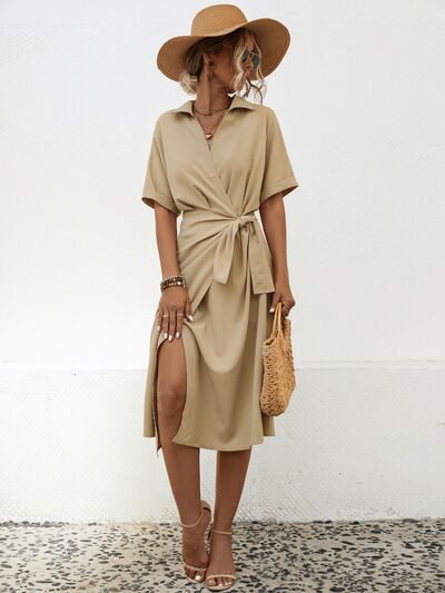 Tied Slit Short Sleeve Dress Casual Dress