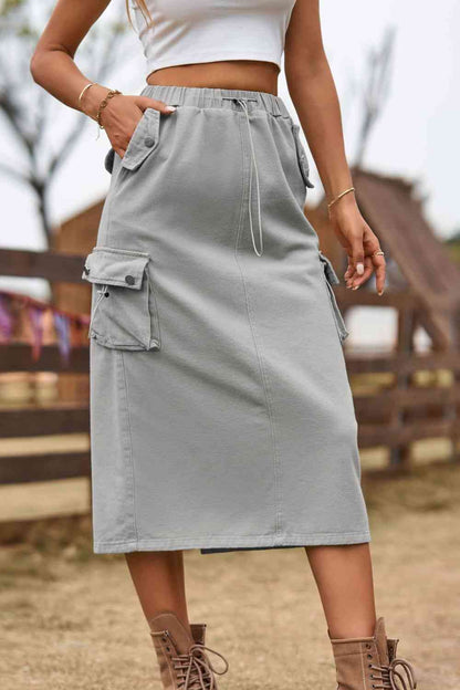 Drawstring Waist Slit Midi Denim Skirt