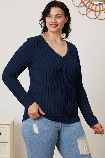 Basic Bae Full Size Ribbed V Neck Long Sleeve Tee Shirt