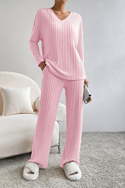 Ribbed V Neck Top and Pants Lounge Set