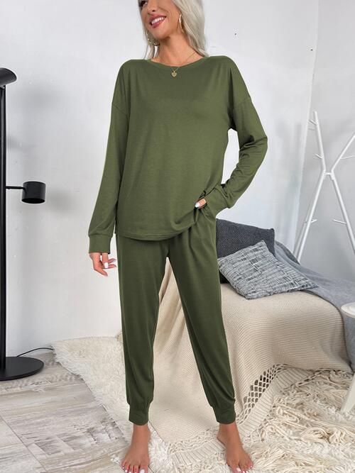 Drawstring Pants and Round Neck Top Lounge Set