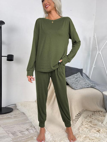 Drawstring Pants and Round Neck Top Lounge Set