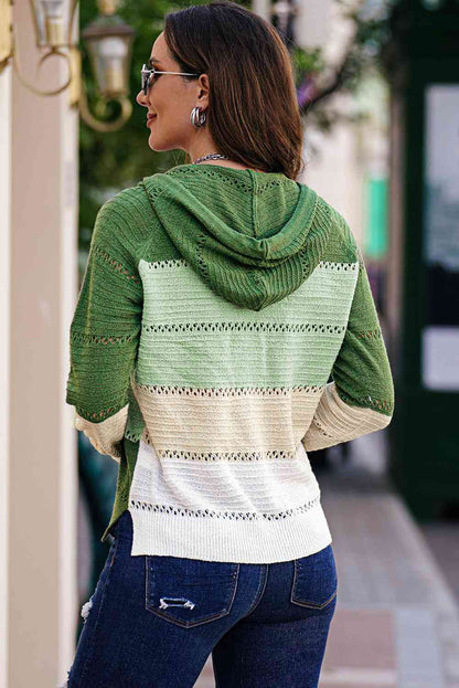 Zip Up Raglan Sleeve Openwork Hooded Cardigan