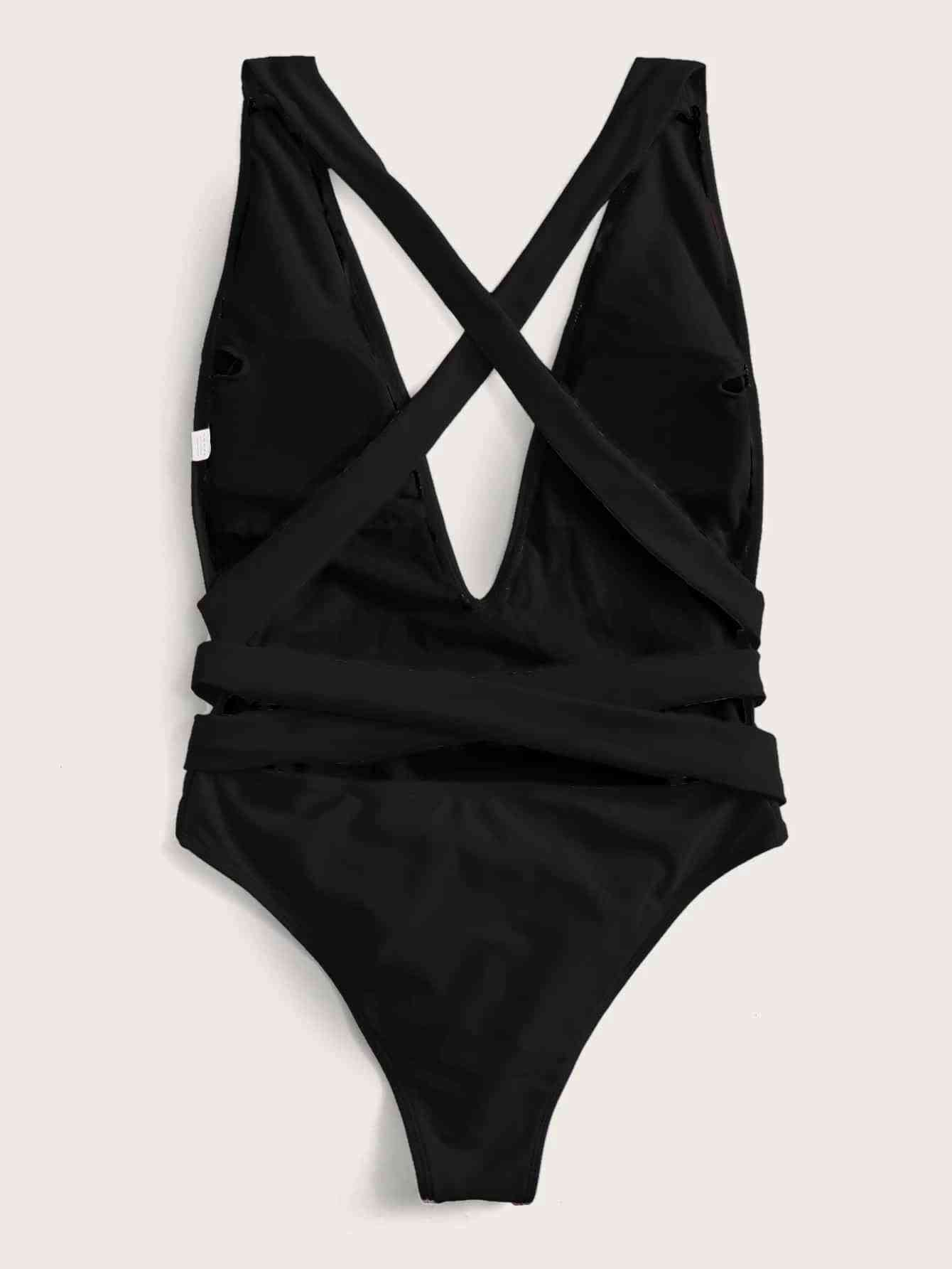 Halter Neck Deep V Tied One Piece Swimsuit