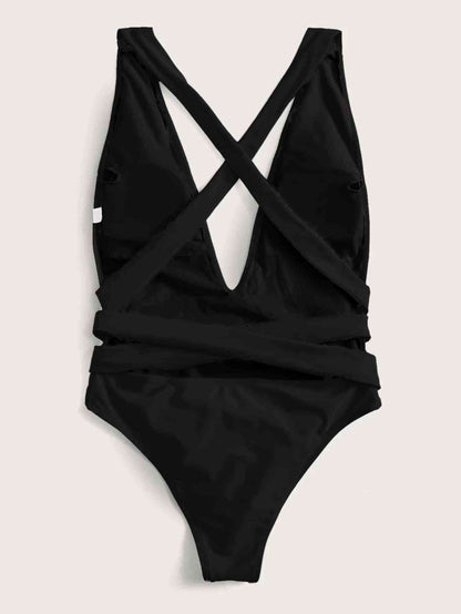 Halter Neck Deep V Tied One Piece Swimsuit