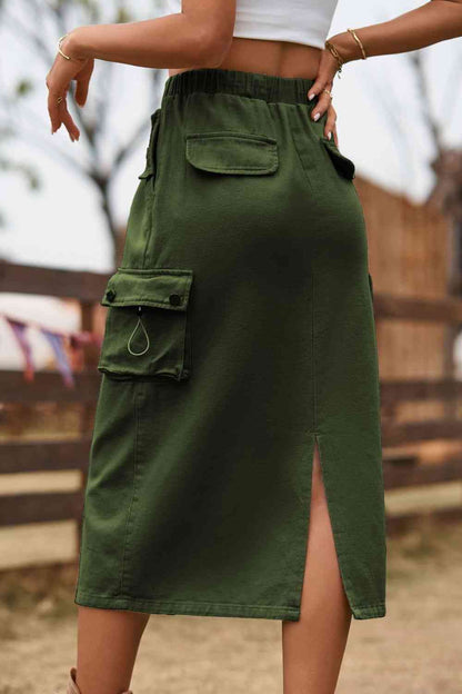 Drawstring Waist Slit Midi Denim Skirt