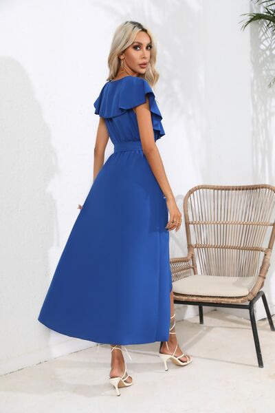 Ruffled Tied V Neck Midi Dress