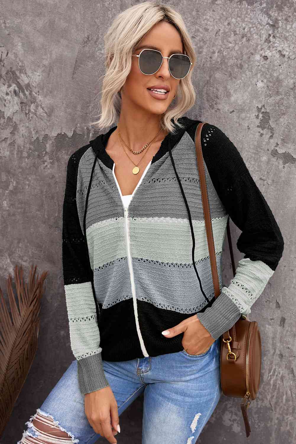 Zip Up Raglan Sleeve Openwork Hooded Cardigan