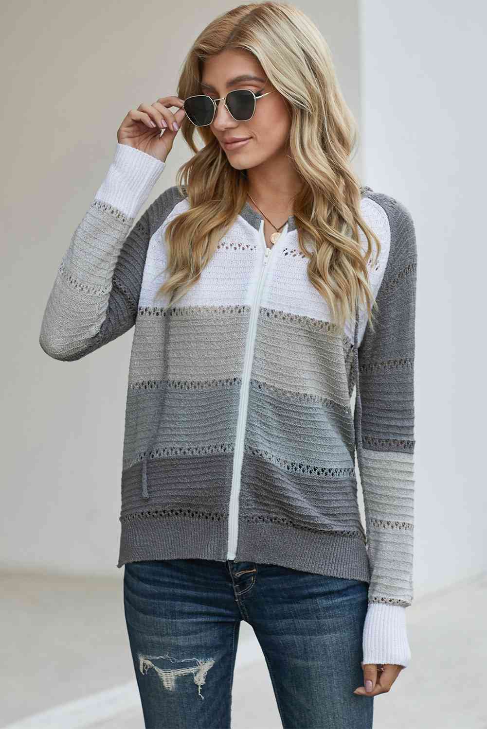 Zip Up Raglan Sleeve Openwork Hooded Cardigan