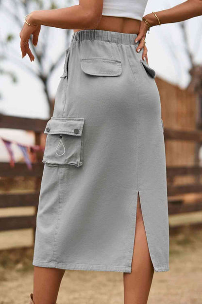 Drawstring Waist Slit Midi Denim Skirt