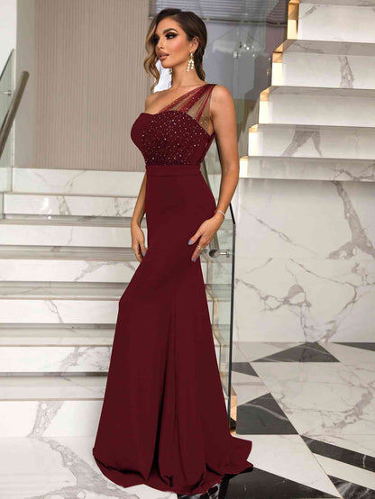 Rhinestone One Shoulder Formal Dress
