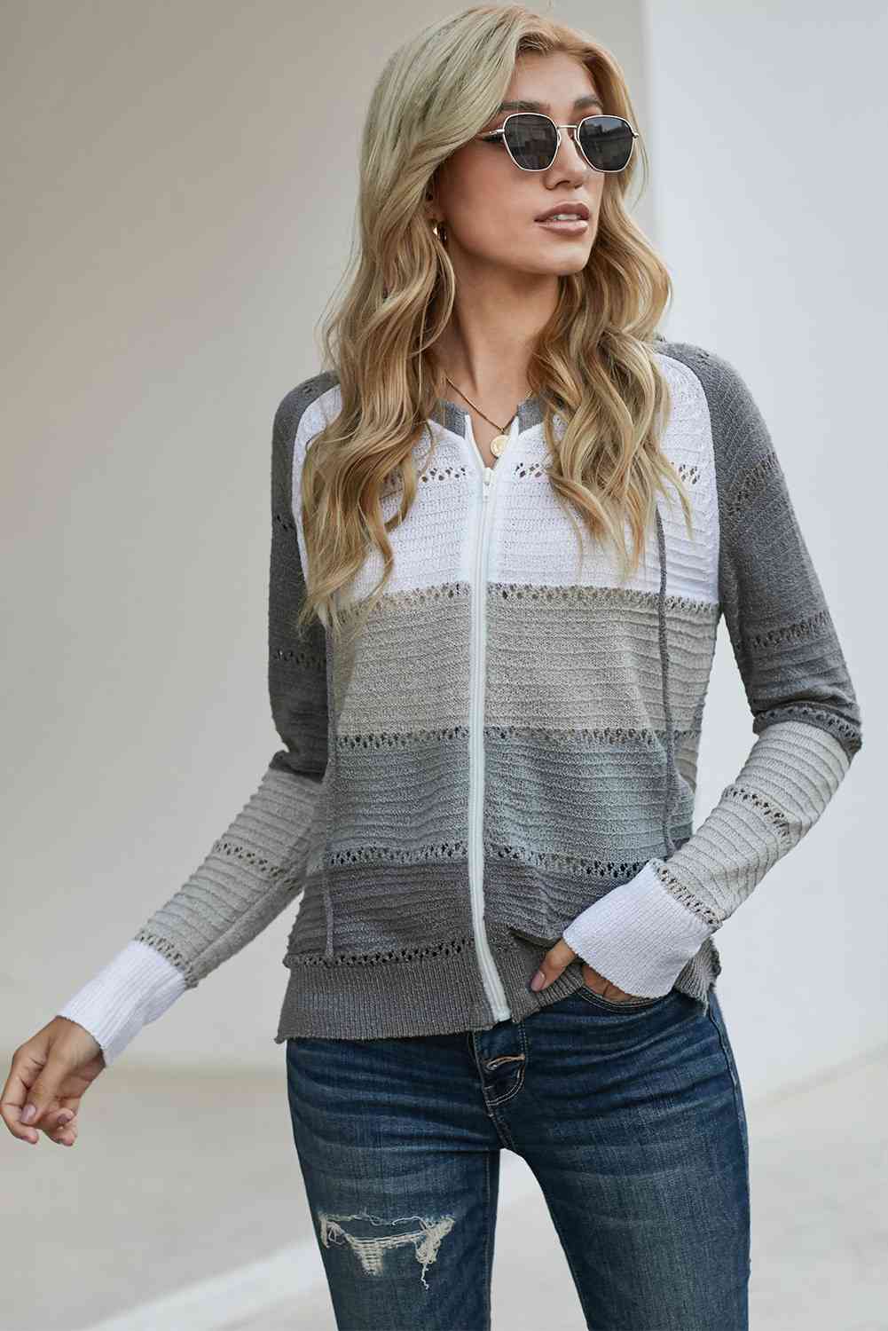 Zip Up Raglan Sleeve Openwork Hooded Cardigan
