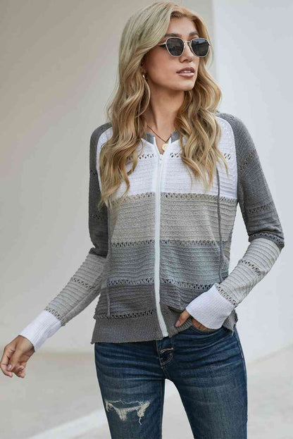 Zip Up Raglan Sleeve Openwork Hooded Cardigan