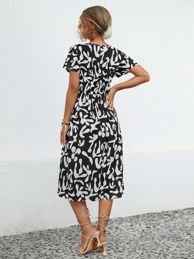 Printed V Neck Short Sleeve Dress