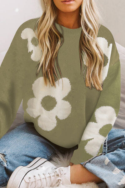 Round Neck Floral Pattern Color Contrast Long Sleeve Sweater