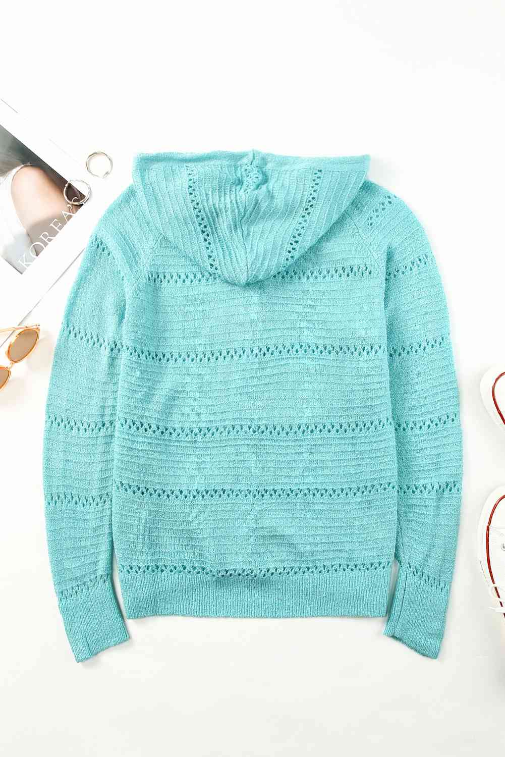 Zip Up Raglan Sleeve Openwork Hooded Cardigan